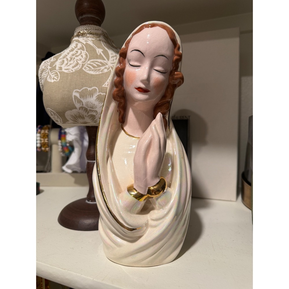 Vintage Iridescent Virgin Mary Ceramic Bust Praying Madonna Statue Gold Gilt 10"